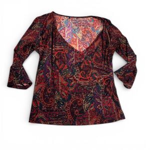 Chaps Faux Wrap Blouse Paisley 3/4 Sleeve Slim Stretch Shirt Casual Work Top M/L